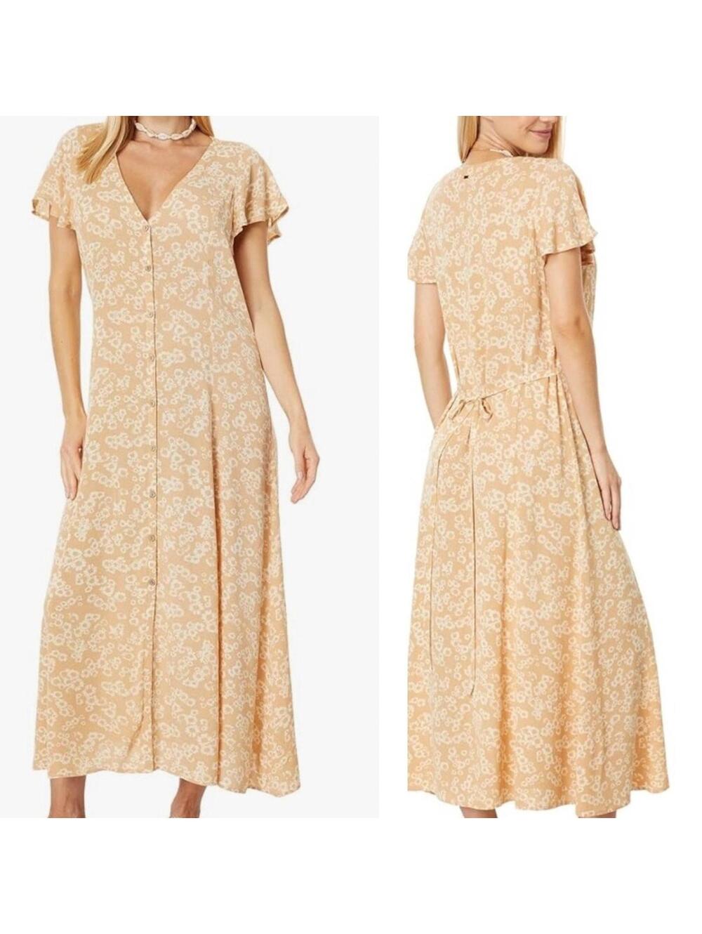 Rip Curl Tan Floral Maxi Shirt Dress Tie Waist